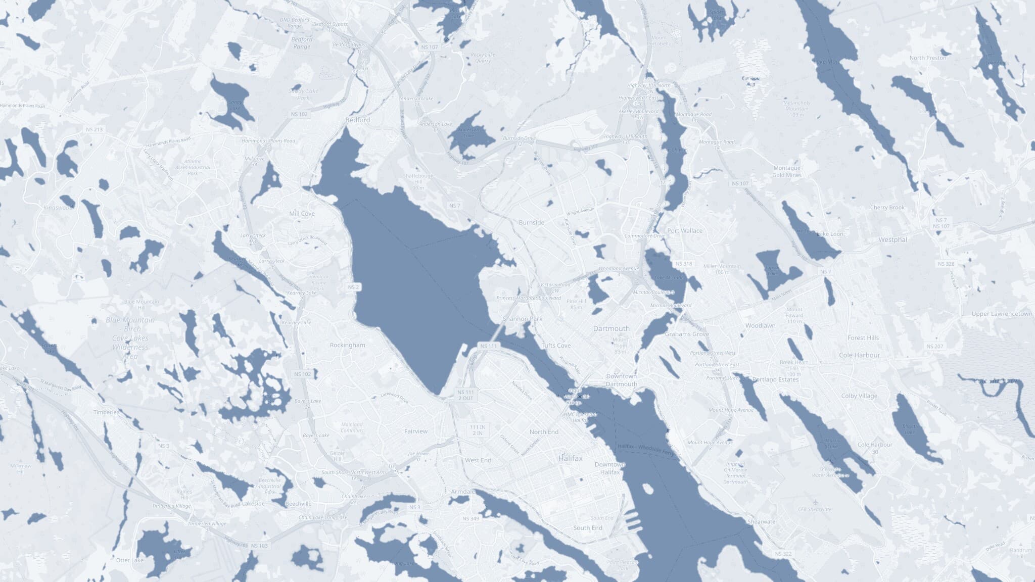 Map showing Nova North Commons in Dartmouth on the Bedford Basin, with the MacKay Bridge and the Halifax peninsula